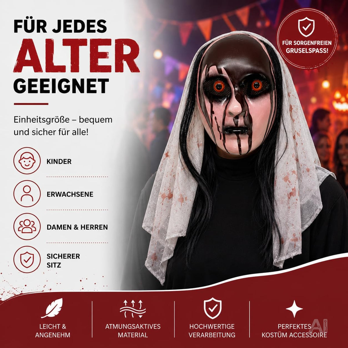 Horror Nonnen Maske – Gruselige Braut Halloween Kostüm Zubehör