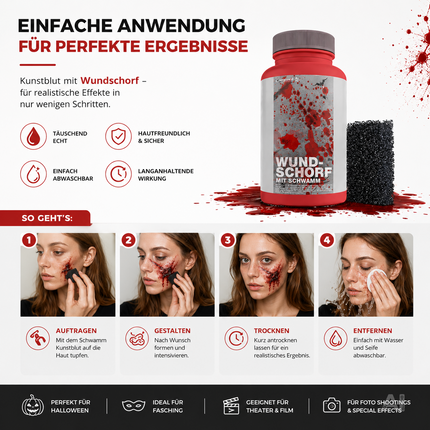 15 ml Blut - Fake Blood mit Wundschorf - täuschend echt & abwaschbar - Kunstblut - für Halloween & Fasching zum Schminken und Verkleiden