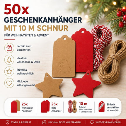 50x Weihnachtsanhänger mit 10 m Schnur – Geschenkanhänger zum Verzieren von Weihnachtsgeschenken, Geschenkdeko für Weihanchten & Advent (50 Set - Mod. 02)