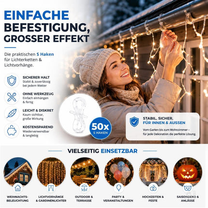 50x S-Haken für Lichterketten & Lichtvorhänge – Dachrinnenhaken zur Befestigung von Weihnachtsbeleuchtung, praktische Halterung für Weihnachtsdeko (50x S Haken)