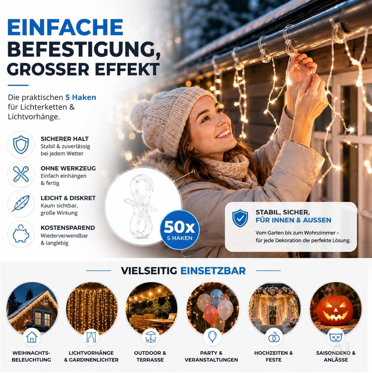 50x S-Haken für Lichterketten & Lichtvorhänge – Dachrinnenhaken zur Befestigung von Weihnachtsbeleuchtung, praktische Halterung für Weihnachtsdeko (50x S Haken)