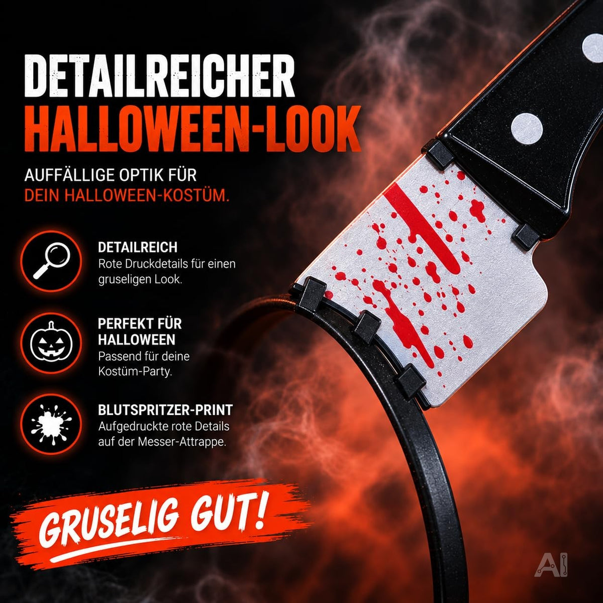 Halloween-Kostümzubehör: Spritze, Messer und Schere mit Bluteffekt – Nahaufnahme des Messermotivs