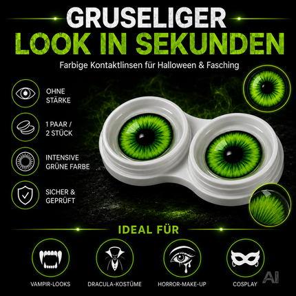 Grün Farbige & Geprüfte Kontaktlinsen - Gruselige Tageslinsen für Halloween & Fasching - ohne Stärke - Vampir & Dracula (Grün, 1 Paar / 2 Stück)