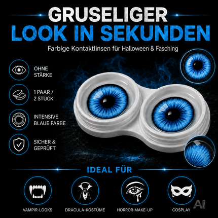 Blau Farbige & Geprüfte Kontaktlinsen - Gruselige Tageslinsen für Halloween & Fasching - ohne Stärke - Vampir & Dracula (Blau, 1 Paar / 2 Stück)