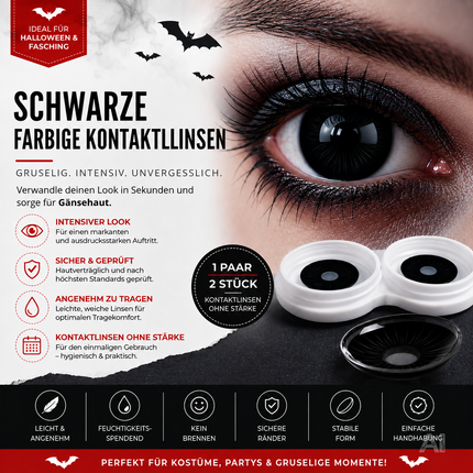 Schwarz Farbige & Geprüfte Kontaktlinsen - Gruselige Tageslinsen für Halloween & Fasching - ohne Stärke - Vampir & Dracula (Schwarz, 1 Paar / 2 Stück)