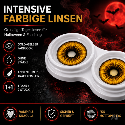 Gelb Farbige & Geprüfte Kontaktlinsen - Grußlige Tageslinsen für Halloween & Fasching - ohne Stärke - Vampir & Dracula (Gelb, 1 Paar / 2 Stück)