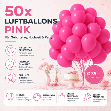 50x Luftballons pink Ø 35 cm für Geburtstag & Hochzeit & Party - Luft & Helium