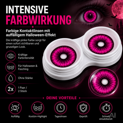 Pink Farbige & Geprüfte Kontaktlinsen - Grußlige Tageslinsen für Halloween & Fasching - ohne Stärke - Vampir & Dracula (Pink, 1 Paar / 2 Stück)