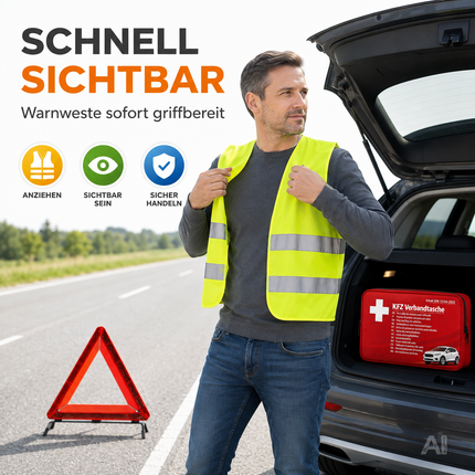 3 in 1 Set Auto Erste Hilfe Kit - KFZ-Verbandskasten, Warnweste, Warndreieck