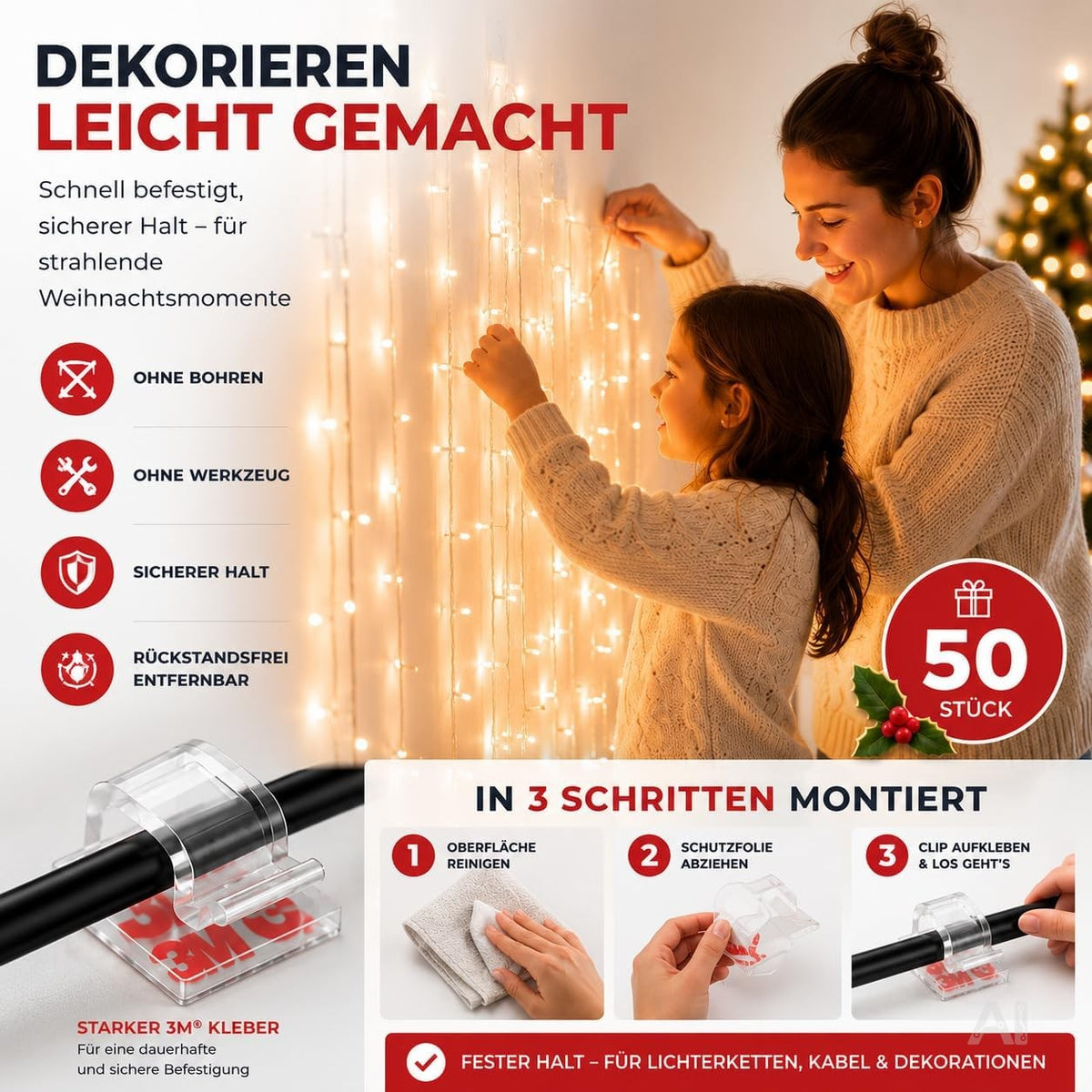 50x Selbstklebende Clips für Lichterketten & Lichtvorhänge – Klebehaken mit Klebestreifen zur Befestigung von Weihnachtsbeleuchtung (50x Klebehaken)