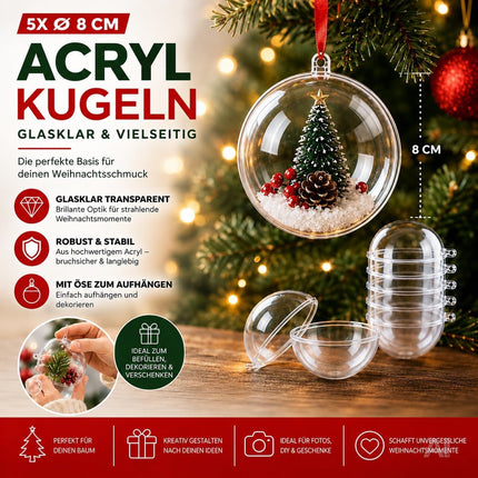 5x Weihnachtskugeln aus Kunststoff – Transparente Acrylkugeln in Glasoptik mit Aufhängeöse, Christbaumschmuck & Weihnachtsdeko - Weihnachten & Advent (5x Ø 8 cm)
