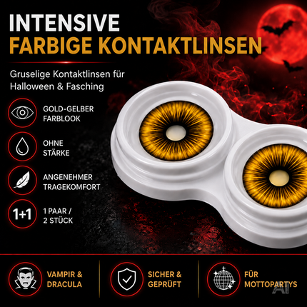Gelb Farbige & Geprüfte Kontaktlinsen - Gruselige Tageslinsen für Halloween & Fasching - ohne Stärke - Vampir & Dracula (Gelb, 1 Paar / 2 Stück)