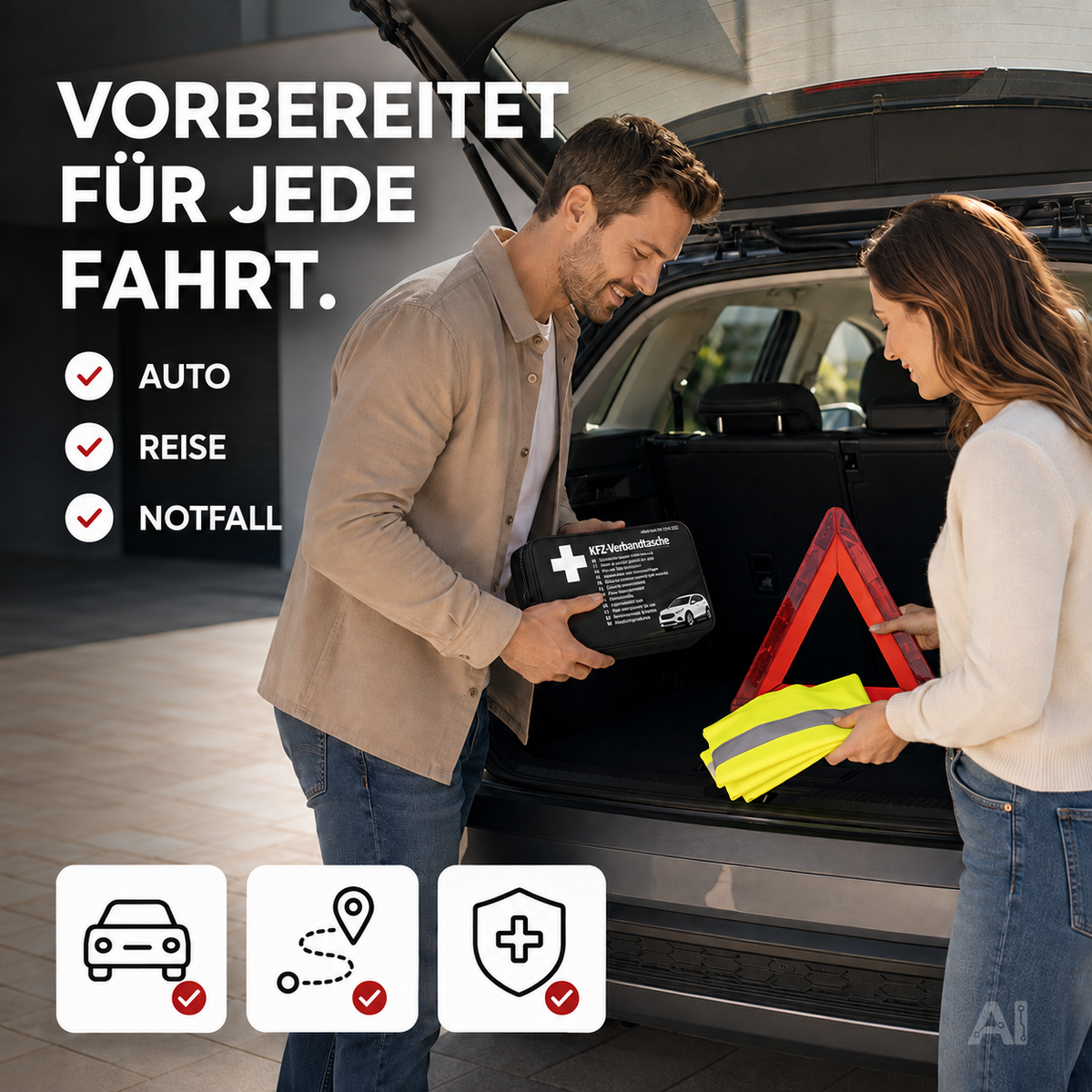 3 in 1 KFZ Pannenset 2026 & Autozubehör - Auto Erste Hilfe Set mit Verbandskasten & Warnweste – Detailansicht 3