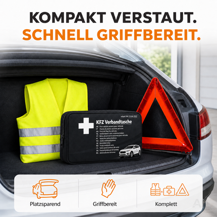 3 in 1 KFZ Set - KFZ-Verbandskasten, Warnweste, Warndreieck - Pannenset & Unfallzubehör für PKW – Detailansicht 3
