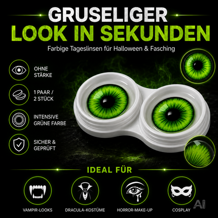 Grün Farbige & Geprüfte Kontaktlinsen - Grußlige Tageslinsen für Halloween & Fasching - ohne Stärke - Vampir & Dracula (Grün, 1 Paar / 2 Stück)