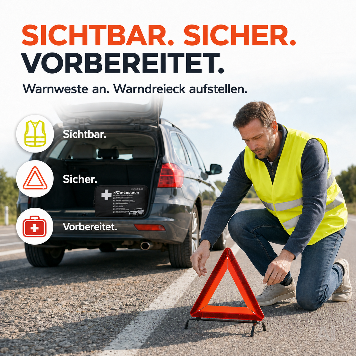 3 in 1 - Auto Erste Hilfe Set 2026 - Verbandstasche & Warnweste Pannenweste – Detailansicht 3
