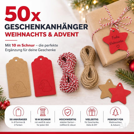 50x Weihnachtsanhänger mit 10 m Schnur – Geschenkanhänger zum Verzieren von Weihnachtsgeschenken, Geschenkdeko für Weihanchten & Advent (50 Set - Mod. 01)