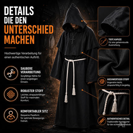 Schwarze Mönch Robe Erwachsene – Halloween Kostüm mit Kapuze