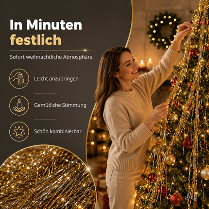 Goldfarbenes Lametta – beim Anbringen am Weihnachtsbaum