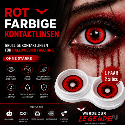 Rot Farbige & Geprüfte Kontaktlinsen - Gruselige Tageslinsen für Halloween & Fasching - ohne Stärke - Vampir & Dracula (Rot, 1 Paar / 2 Stück)