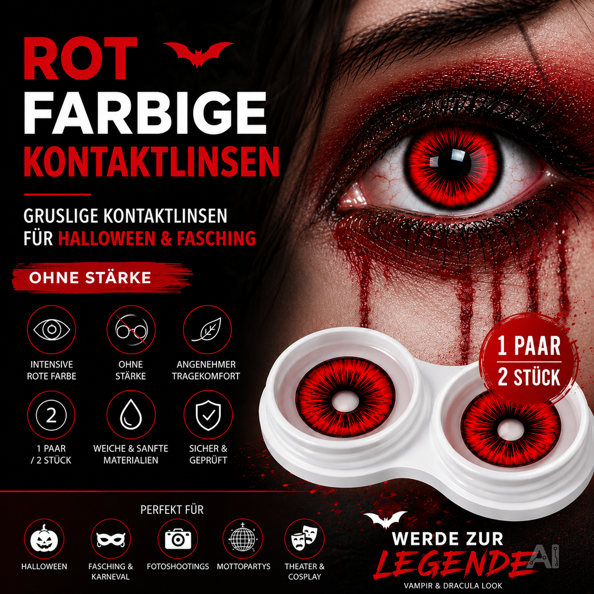 Rote Halloween-Kontaktlinsen ohne Stärke