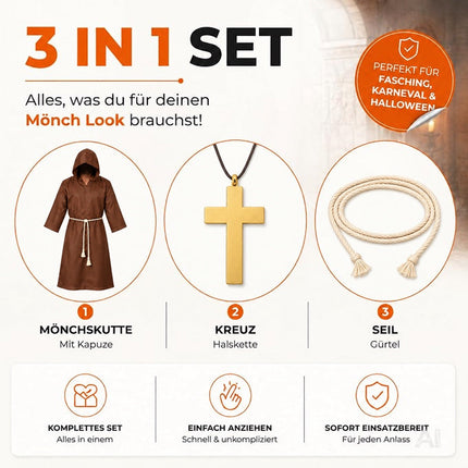 Mönch Kostüm Priester – Mönchskutte mit Kreuz & Kapuze – für Fasching & Karneval & Halloween – Damen & Herren
