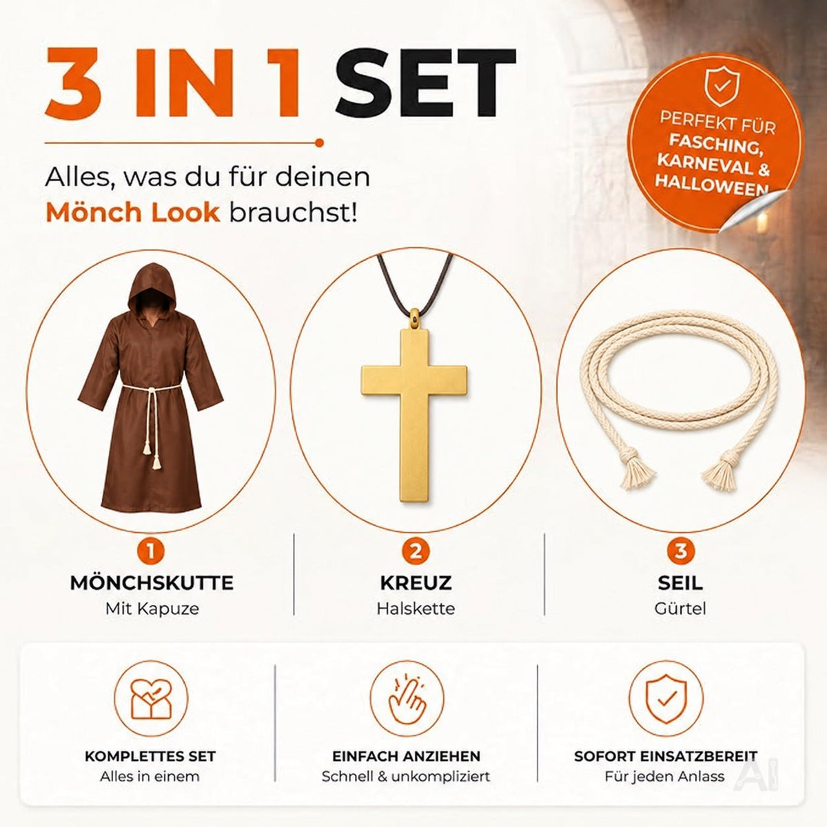 Mönch Kostüm Priester – Mönchskutte mit Kreuz & Kapuze – für Fasching & Karneval & Halloween – Damen & Herren