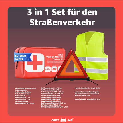 3 in 1 Set Auto Erste Hilfe Kit 2025 - KFZ-Verbandskasten, Warnweste - Pannenset & Unfallzubehör für PKW