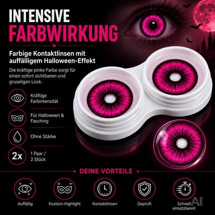 Pink Farbige & Geprüfte Kontaktlinsen - Gruselige Tageslinsen für Halloween & Fasching - ohne Stärke - Vampir & Dracula (Pink, 1 Paar / 2 Stück)