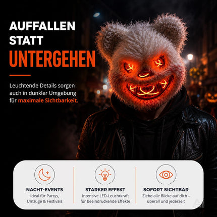 LED Teddy Halloween Maske im Purge-Stil, steuerbare Maske mit leuchtendem Gesicht für Herren & Damen, Kostüm-Accessoire für Fasching & Karneval (LED Horror Teddy)