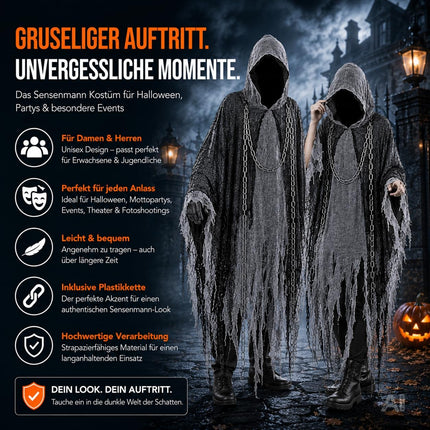 Sensenmann Kostüm Erwachsene – Schwarzer Halloween Umhang mit Kette