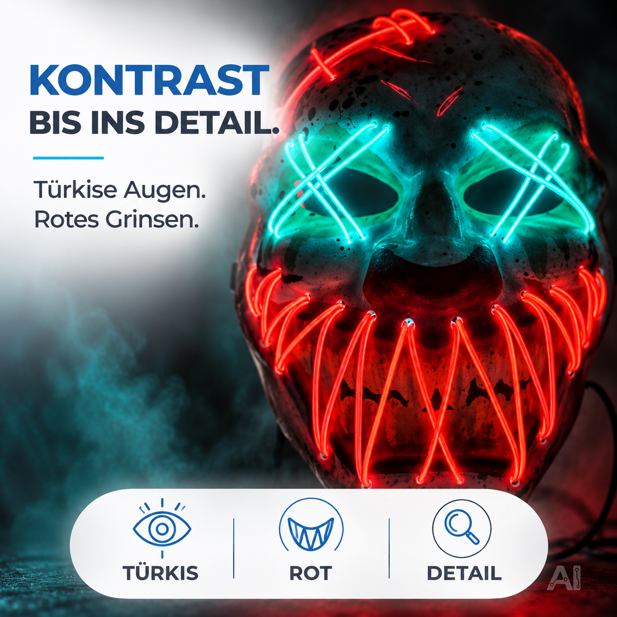 Halloween-Clownmaske mit LED-Beleuchtung – Nahaufnahme der farbigen Konturen