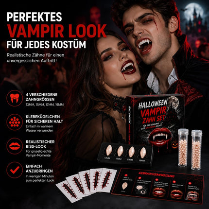 XXL Vampirzähne zum Aufstecken & Aufkleben – Vampirzähne für Dracula- & Vampirkostüm – Halloween, Karneval & Mottoparty