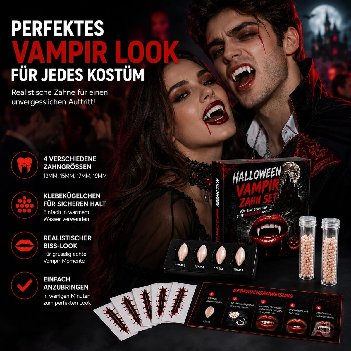 Vampirzähne für ein Dracula-Kostüm