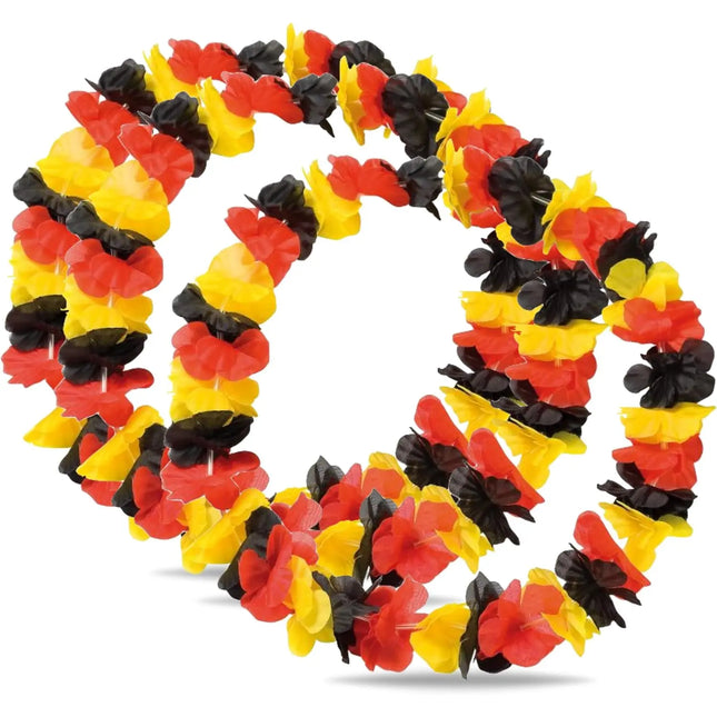 3er Blumenkette Fanartikel Deutschland EM 2024 – extra lang - Hawaiikette in schwarz, rot, gold für Fußballpartys & Deko zur Europameisterschaft