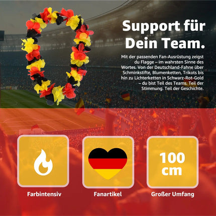 3er Blumenkette Fanartikel Deutschland EM 2024 – extra lang - Hawaiikette in schwarz, rot, gold für Fußballpartys & Deko zur Europameisterschaft