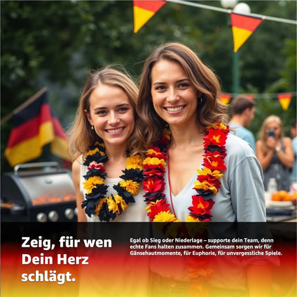 3er Blumenkette Fanartikel Deutschland EM 2024 – extra lang - Hawaiikette in schwarz, rot, gold für Fußballpartys & Deko zur Europameisterschaft