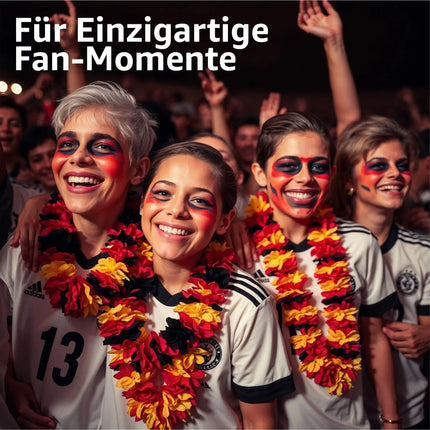 3er Blumenkette Fanartikel Deutschland EM 2024 – extra lang - Hawaiikette in schwarz, rot, gold für Fußballpartys & Deko zur Europameisterschaft