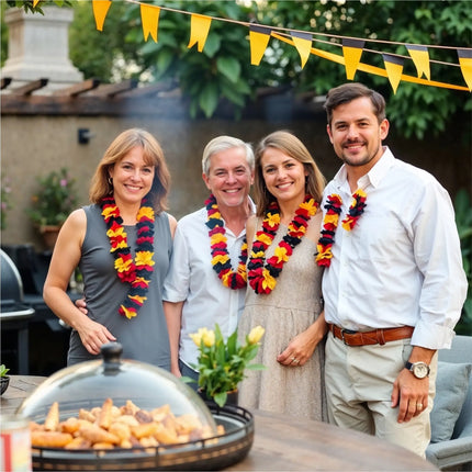 3er Blumenkette Fanartikel Deutschland EM 2024 – extra lang - Hawaiikette in schwarz, rot, gold für Fußballpartys & Deko zur Europameisterschaft