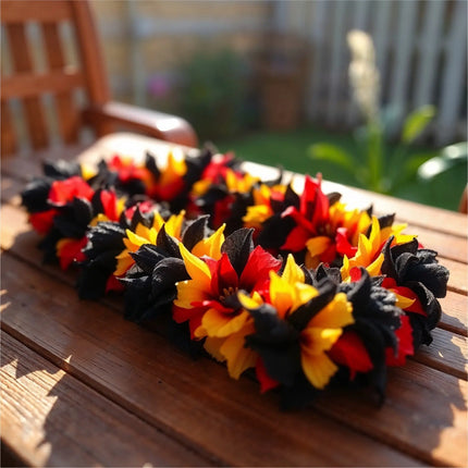 3er Blumenkette Fanartikel Deutschland EM 2024 – extra lang - Hawaiikette in schwarz, rot, gold für Fußballpartys & Deko zur Europameisterschaft