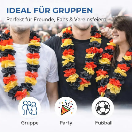 3er Blumenkette Fanartikel Deutschland WM 2026 – extra lang - Hawaiikette in schwarz, rot, gold für Fußballpartys & Deko zur Weltmeisterschaft