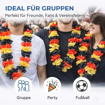 3er Blumenkette Fanartikel Deutschland WM 2026 – extra lang - Hawaiikette in schwarz, rot, gold für Fußballpartys & Deko zur Weltmeisterschaft