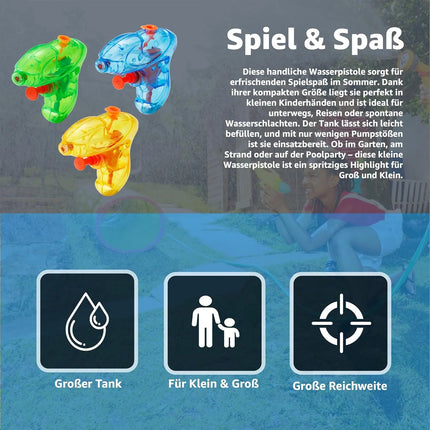 3er Mini Wasserpistolen Set - ca. 8 cm mit großer Reichweite Wasserspritzpistole Spritzpistole klein mini für Kinder
