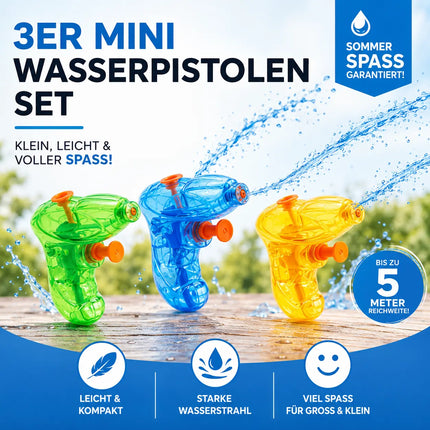 3er Mini Wasserpistolen Set - ca. 8 cm mit großer Reichweite Wasserspritzpistole Spritzpistole klein mini für Kinder