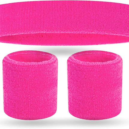3er Set Schweißband 80er 90er - Fasching & Karneval pink mit Stirnband - als Accessoire Vokuhila Kostüm zu Retro neon 80er 90er Outfit
