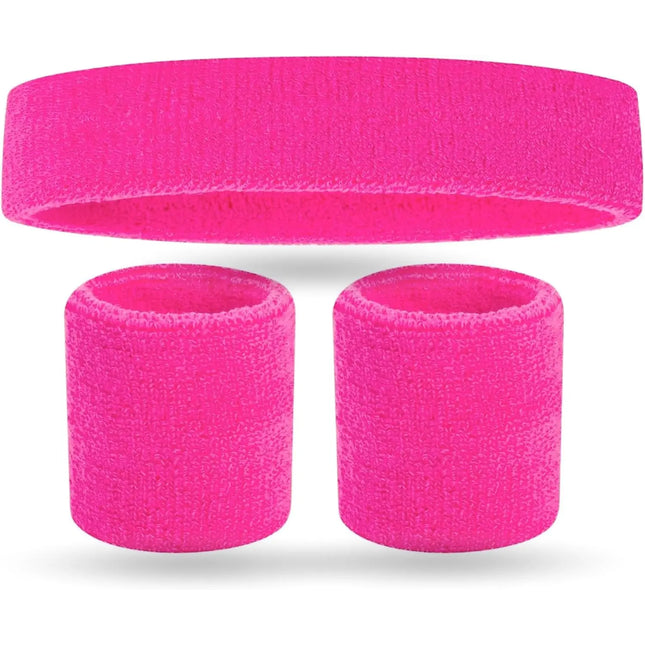 3er Set Schweißband 80er 90er - Fasching & Karneval pink mit Stirnband - als Accessoire Vokuhila Kostüm zu Retro neon 80er 90er Outfit