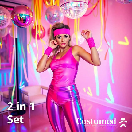 3er Set Schweißband 80er 90er - Fasching & Karneval pink mit Stirnband - als Accessoire Vokuhila Kostüm zu Retro neon 80er 90er Outfit