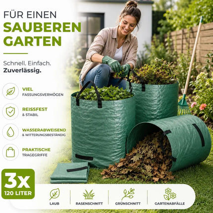 3x 120 Liter Gartenabfallsack groß & reißfest – 150 GSM Laubsack aus Polypropylen – Gartensack für Laub, Rasenschnitt & Grünschnitt (3x 120 Liter)