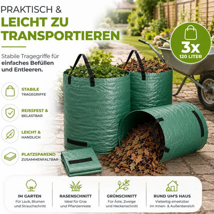 3x 120 Liter Gartenabfallsack groß & reißfest – 150 GSM Laubsack aus Polypropylen – Gartensack für Laub, Rasenschnitt & Grünschnitt (3x 120 Liter)