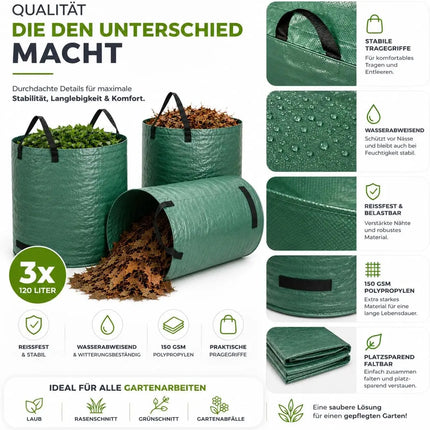 3x 120 Liter Gartenabfallsack groß & reißfest – 150 GSM Laubsack aus Polypropylen – Gartensack für Laub, Rasenschnitt & Grünschnitt (3x 120 Liter)